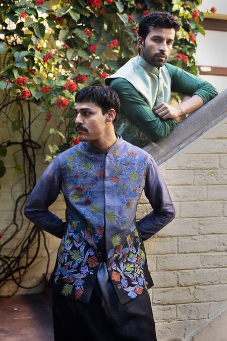 Buy Angad Creations Black Viscose, Silk Embroidery Floral Nehru Jacket Set Online at Aza Fashions Buy_Angad Creations_Black Viscose, Silk Embroidery Floral Nehru Jacket Set _Online_at_Aza_Fashions