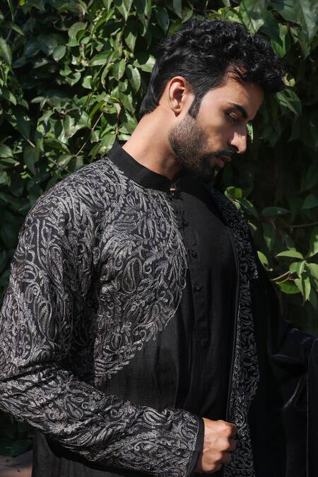 Buy_Angad Creations_Black Silk, Velvet Embroidered Kurta Set _Online_at_Aza_Fashions