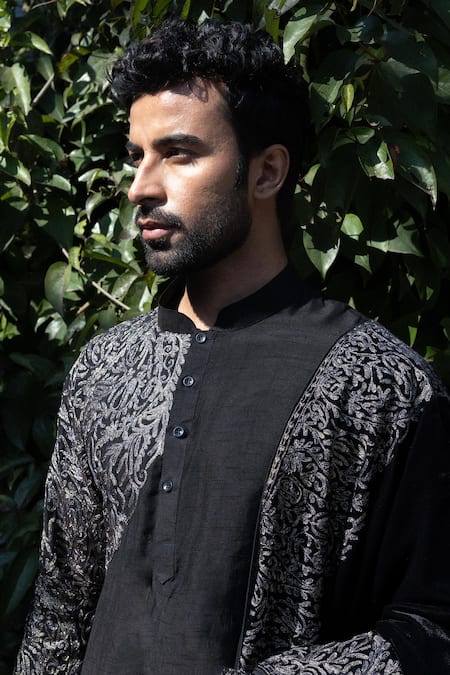 Shop_Angad Creations_Black Silk, Velvet Embroidered Kurta Set _Online_at_Aza_Fashions