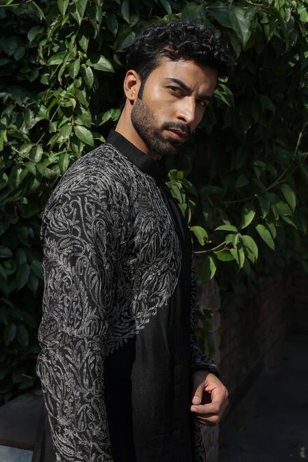 Angad Creations_Black Silk, Velvet Embroidered Kurta Set _at_Aza_Fashions