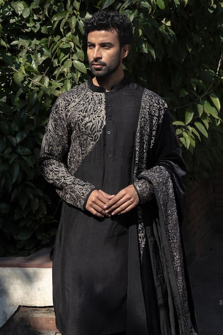 Shop_Angad Creations_Black Silk, Velvet Embroidered Kurta Set _at_Aza_Fashions