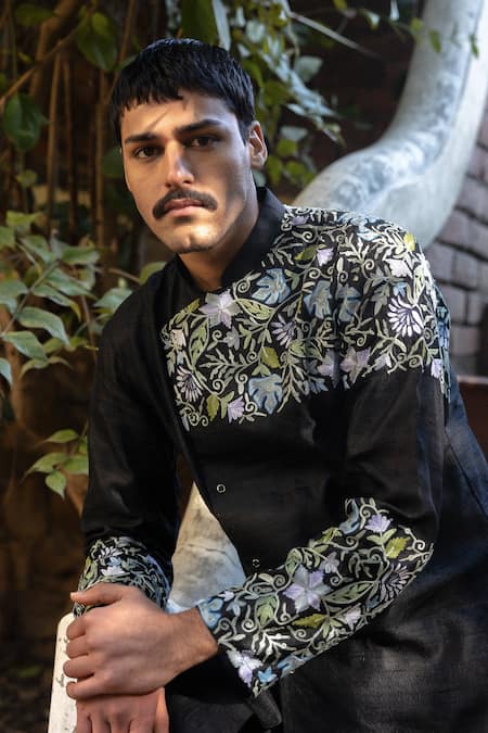 Angad Creations_Black Silk Embroidery Kurta Set _Online_at_Aza_Fashions