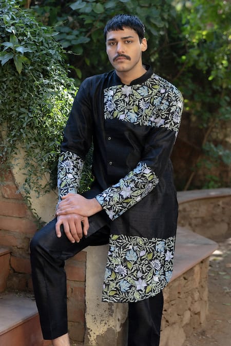 Shop_Angad Creations_Black Silk Embroidery Kurta Set _at_Aza_Fashions