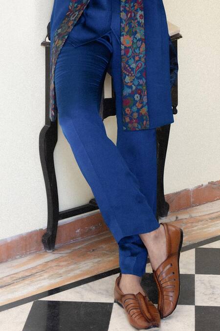 Angad Creations_Navy Cotton Satin Embroidery Blue Kani Print Sherwani Set _Online_at_Aza_Fashions