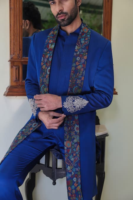 Buy_Angad Creations_Navy Cotton Satin Embroidery Blue Kani Print Sherwani Set _Online_at_Aza_Fashions