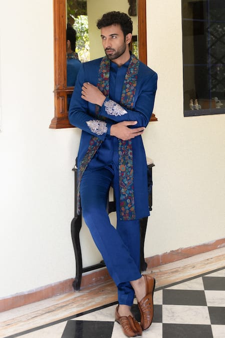 Shop_Angad Creations_Navy Cotton Satin Embroidery Blue Kani Print Sherwani Set _at_Aza_Fashions