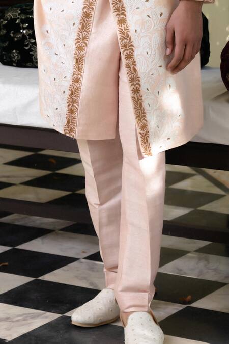 Angad Creations_Pink Silk Embroidery Powder Sherwani Set _Online_at_Aza_Fashions