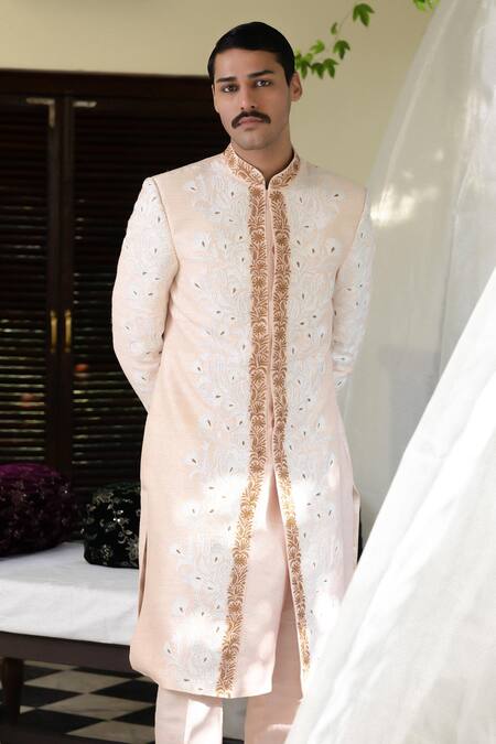 Buy_Angad Creations_Pink Silk Embroidery Powder Sherwani Set _Online_at_Aza_Fashions