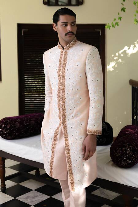 Shop_Angad Creations_Pink Silk Embroidery Powder Sherwani Set _Online_at_Aza_Fashions