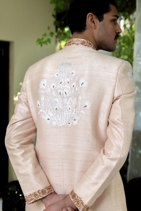 Shop_Angad Creations_Pink Silk Embroidery Powder Sherwani Set _at_Aza_Fashions