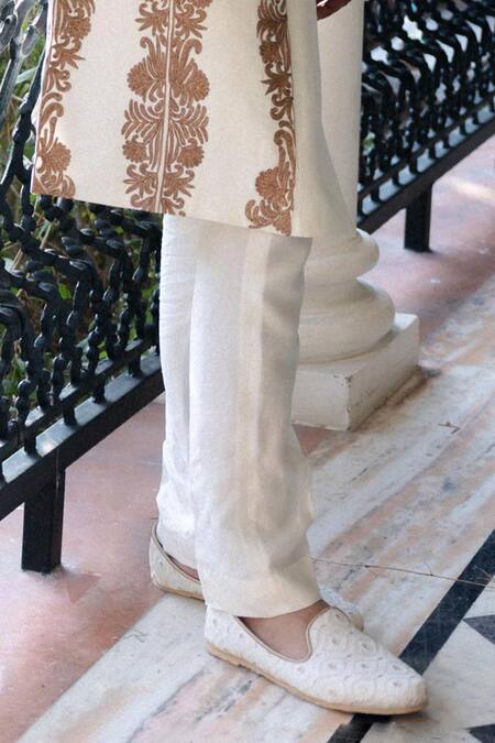 Angad Creations_White Viscose, Silk Embroidery Designer Sherwani Set With Tilla Work _Online_at_Aza_Fashions