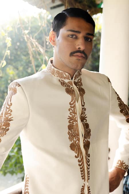 Shop_Angad Creations_White Viscose, Silk Embroidery Designer Sherwani Set With Tilla Work _Online_at_Aza_Fashions
