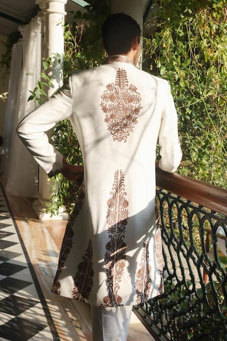 Angad Creations Designer White Sherwani Set with Tilla Work 