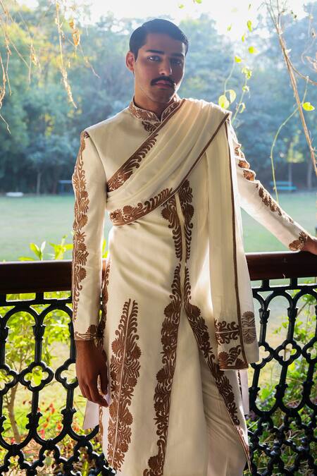 Angad Creations_White Viscose, Silk Embroidery Designer Sherwani Set With Tilla Work _at_Aza_Fashions