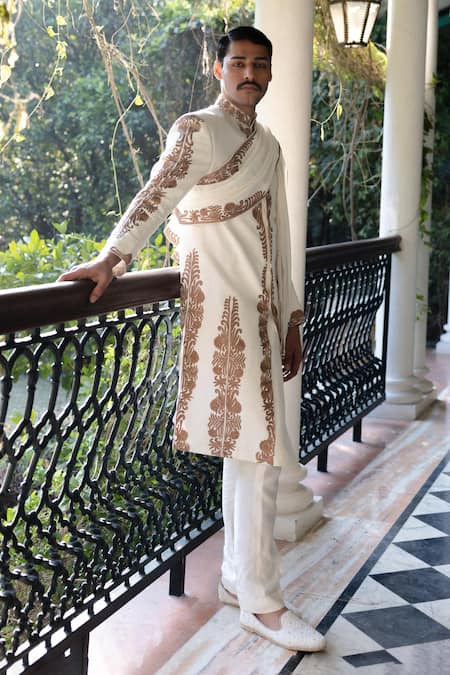 Buy_Angad Creations_White Viscose, Silk Embroidery Designer Sherwani Set With Tilla Work 