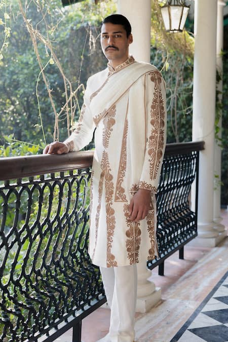 Shop_Angad Creations_White Viscose, Silk Embroidery Designer Sherwani Set With Tilla Work 