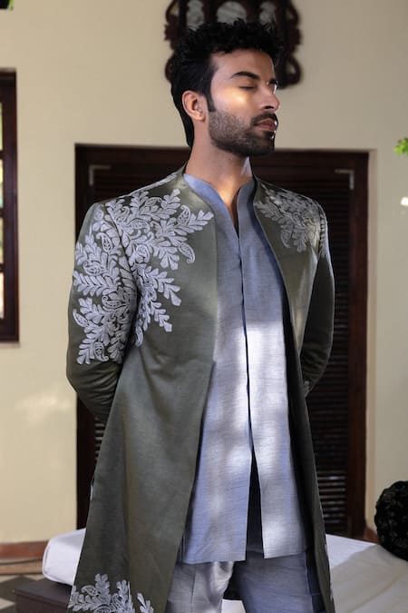 Angad Creations_Green Cotton Satin, Silk Embroidery Semi Hand Sherwani Set _Online_at_Aza_Fashions