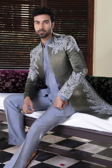 Buy_Angad Creations_Green Cotton Satin, Silk Embroidery Semi Hand Sherwani Set _Online_at_Aza_Fashions