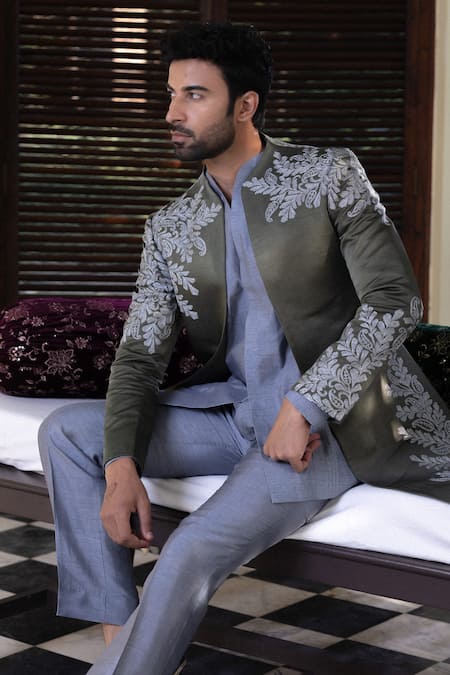 Shop_Angad Creations_Green Cotton Satin, Silk Embroidery Semi Hand Sherwani Set _Online_at_Aza_Fashions