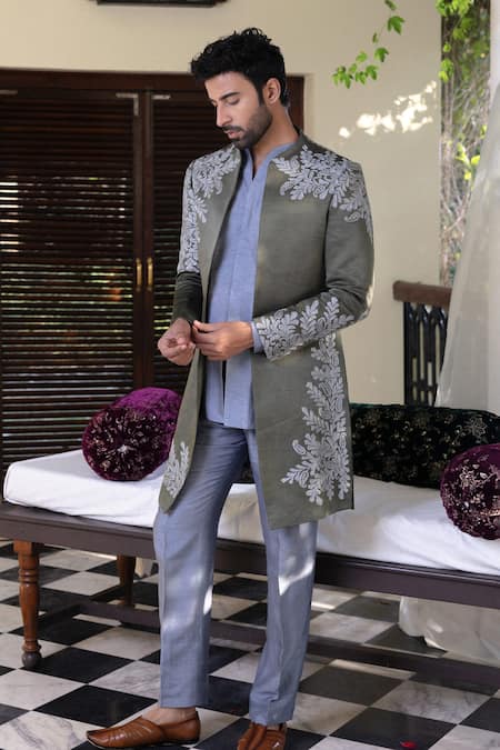 Shop_Angad Creations_Green Cotton Satin, Silk Embroidery Semi Hand Sherwani Set _at_Aza_Fashions