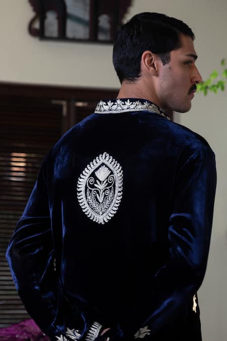 Shop_Angad Creations_Blue Velvet Embroidery Kurta Set _at_Aza_Fashions