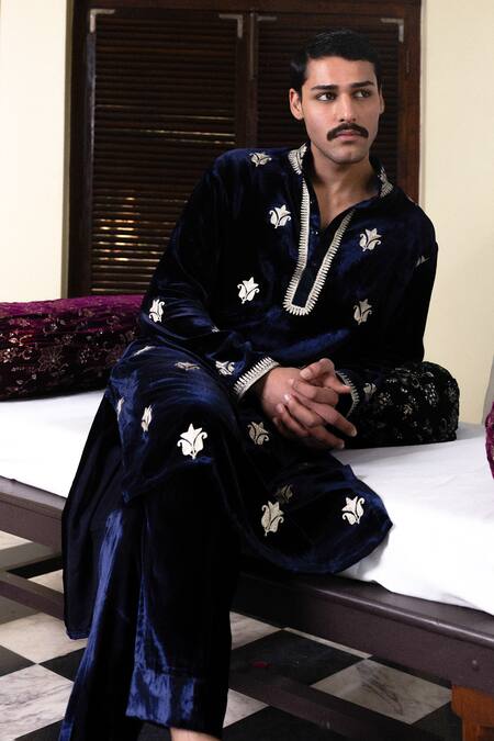 Buy_Angad Creations_Blue Velvet Embroidery Kurta Set _Online_at_Aza_Fashions