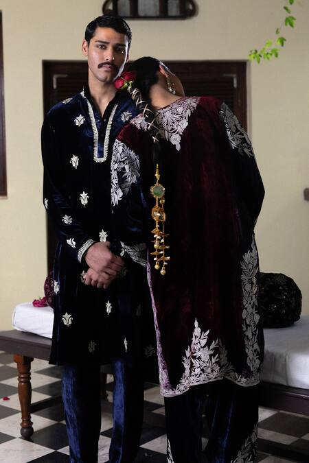 Shop_Angad Creations_Blue Velvet Embroidery Kurta Set _Online_at_Aza_Fashions