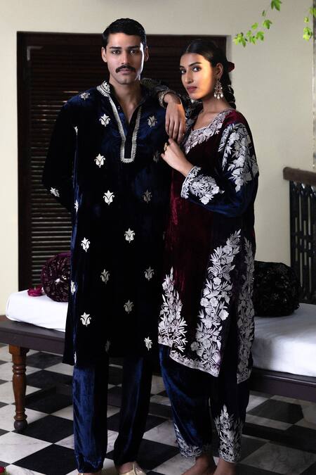 Angad Creations_Blue Velvet Embroidery Kurta Set _at_Aza_Fashions