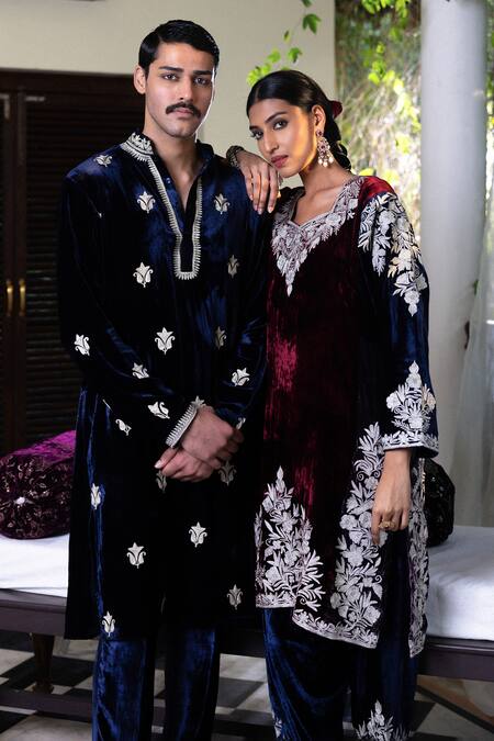 Buy_Angad Creations_Blue Velvet Embroidery Kurta Set 