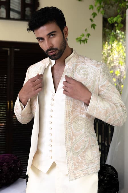 Shop_Angad Creations_Off White Viscose, Silk, Linen Embroidery Semi Hand Tilla Bandhgala Set _at_Aza_Fashions