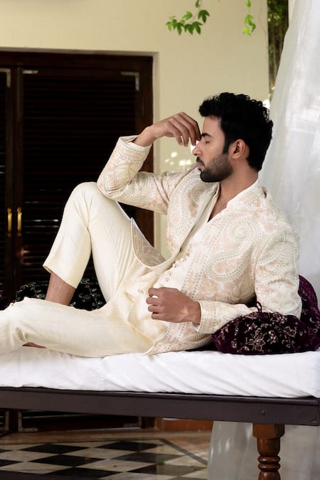 Angad Creations_Off White Viscose, Silk, Linen Embroidery Semi Hand Tilla Bandhgala Set _Online_at_Aza_Fashions