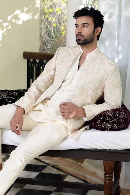 Buy_Angad Creations_Off White Viscose, Silk, Linen Embroidery Semi Hand Tilla Bandhgala Set _Online_at_Aza_Fashions
