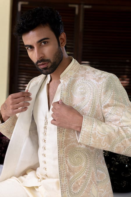 Shop_Angad Creations_Off White Viscose, Silk, Linen Embroidery Semi Hand Tilla Bandhgala Set _Online_at_Aza_Fashions