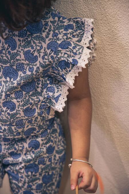Petite Pomme_Blue Cotton Lace Jaipuri Floral Girls Co-ord Set _Online_at_Aza_Fashions