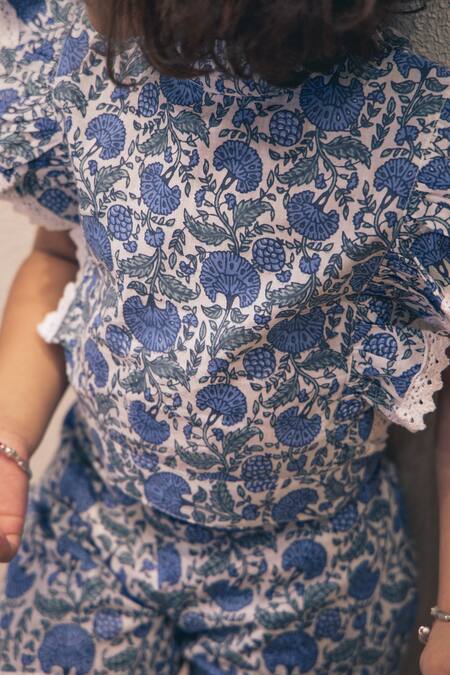 Buy_Petite Pomme_Blue Cotton Lace Jaipuri Floral Girls Co-ord Set _Online_at_Aza_Fashions