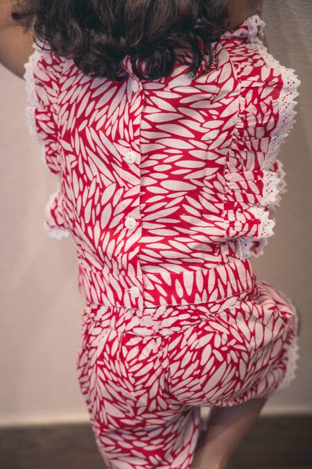 Shop Petite Pomme Red Cotton Lace Petals Co-ord Set Online at Aza Fashions Shop_Petite Pomme_Red Cotton Lace Petals Co-ord Set _Online_at_Aza_Fashions
