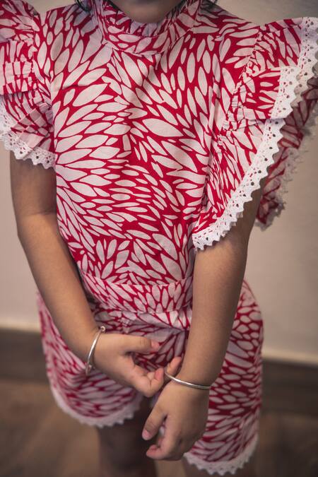 Petite Pomme Red Cotton Lace Petals Co-ord Set at Aza Fashions Petite Pomme_Red Cotton Lace Petals Co-ord Set _at_Aza_Fashions