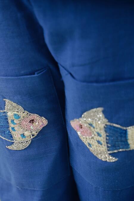 Shop_Petite Pomme_Blue Cotton Sequins, Embroidery Fish Peplum Set _Online_at_Aza_Fashions