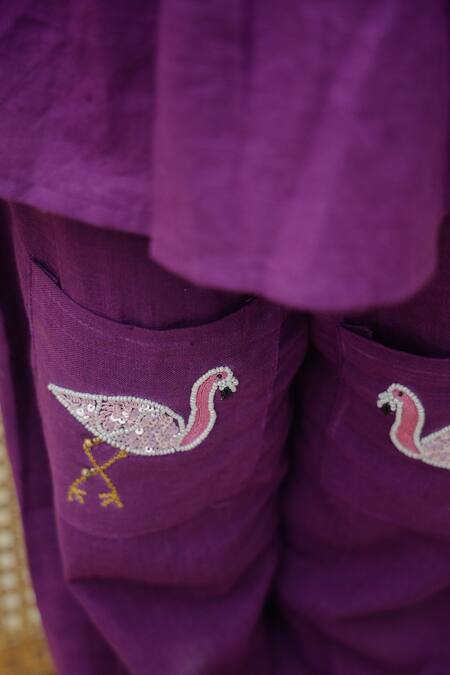Petite Pomme_Purple Cotton Embroidery Flamingo Charm Peplum Set _Online_at_Aza_Fashions