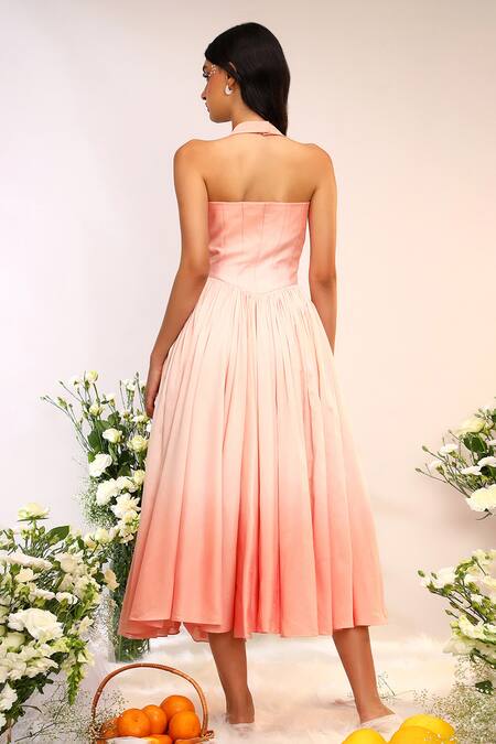 Shop_Sakshi Khetterpal_Peach Chanderi Silk Embroidery Halter Neck Midi Dress _at_Aza_Fashions