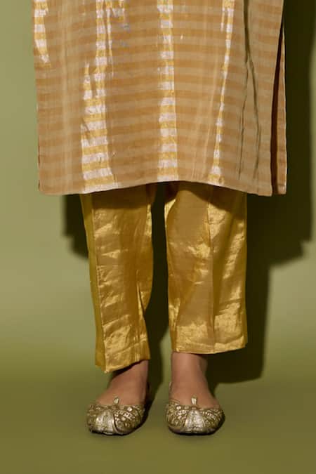 Apeksha Jain Label_Gold Tissue Zari, Pearls Round Neck Stripe Kurta Set _Online_at_Aza_Fashions