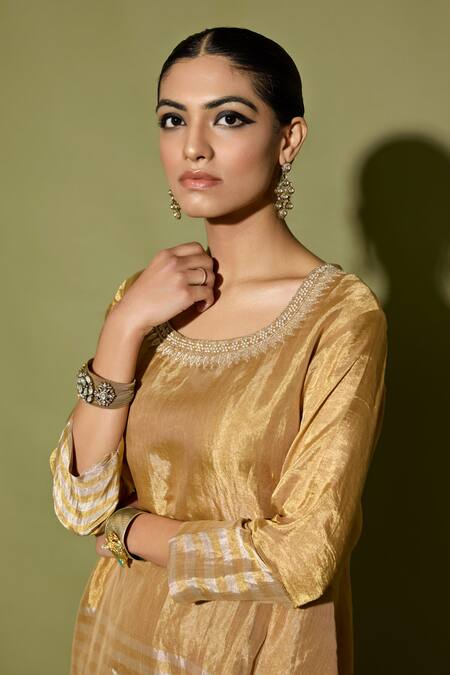 Shop_Apeksha Jain Label_Gold Tissue Zari, Pearls Round Neck Stripe Kurta Set _Online_at_Aza_Fashions