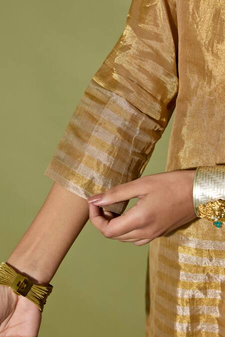 Apeksha Jain Label_Gold Tissue Zari, Pearls Round Neck Stripe Kurta Set _at_Aza_Fashions