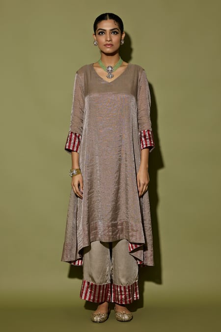 Shop_Apeksha Jain Label_Gray Tissue, Satin V-neck Asymmetrical Kurta Set _Online_at_Aza_Fashions