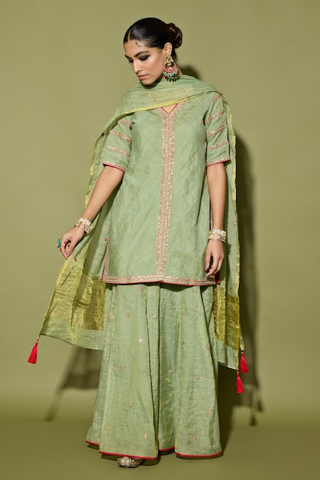 Apeksha Jain Label_Mint Tissue Tassels, Embroidery V-neck Green Hand Kurta Sharara Set _Online_at_Aza_Fashions