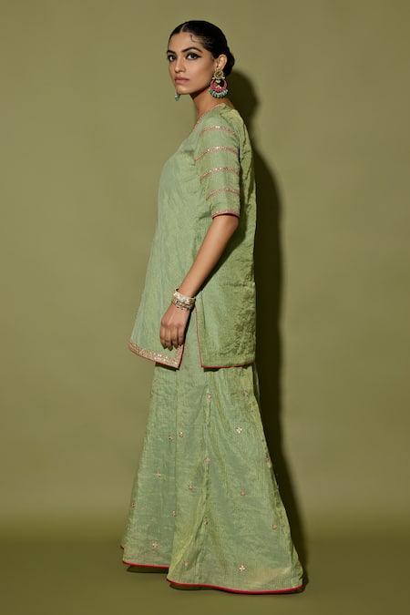 Buy_Apeksha Jain Label_Mint Tissue Tassels, Embroidery V-neck Green Hand Kurta Sharara Set _Online_at_Aza_Fashions