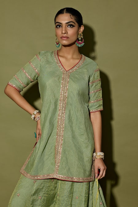 Shop_Apeksha Jain Label_Mint Tissue Tassels, Embroidery V-neck Green Hand Kurta Sharara Set _Online_at_Aza_Fashions