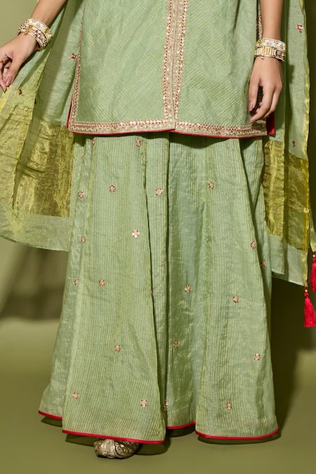 Apeksha Jain Label_Mint Tissue Tassels, Embroidery V-neck Green Hand Kurta Sharara Set _at_Aza_Fashions
