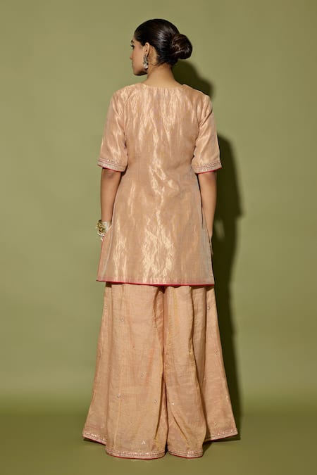 Apeksha Jain Label Rose Gold Beige Embroidered Kurta Sharara Set 
