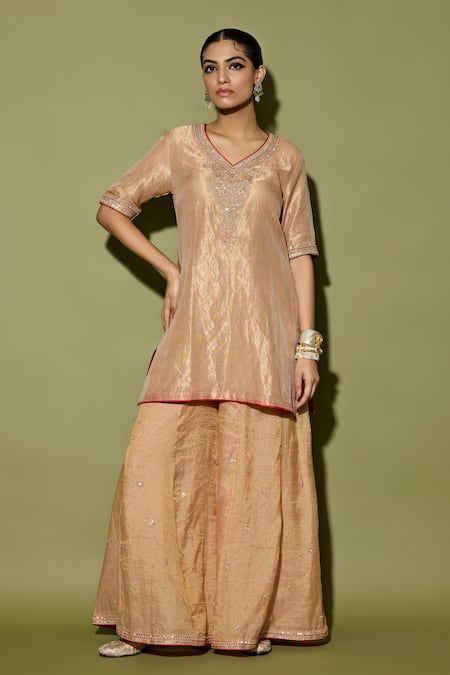 Buy Apeksha Jain Label Beige Tissue, Organza Sequins, Embroidery V-neck Rose Gold Kurta Sharara Set Online at Aza Fashions Buy_Apeksha Jain Label_Beige Tissue, Organza Sequins, Embroidery V-neck Rose Gold Kurta Sharara Set _Online_at_Aza_Fashions